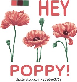 Poppy flower botanical painting illustration poster with text