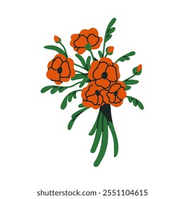 Ramo de flores de amapola. Manojo floral floreciente. Flores suaves de verano con brotes, hojas, subgrupos cortados. Regalo festivo elegante, decoración natural. Ilustración vectorial plana aislada sobre fondo blanco