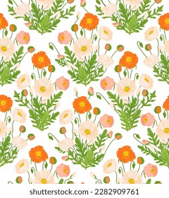 Poppy flower bouquet seamless pattern vector. Hand draw floral composition on white background. Vintage style papaver illustration for greeting card, fabric, wallpaper or wrapping paper, poster