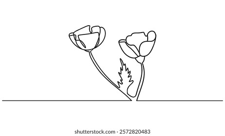 Poppy flower continuous one line drawing, Poppy flowers in continuous line art drawing style. Doodle floral border with two flowers blooming among grass.