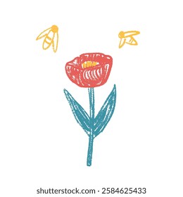 Poppy flower crayon drawn. Spring crocus plant doodle isolated on white background. Summer floral kids element. Chalk or pastel style childish scrawl nature shape. Vector naive illustration by pencil.