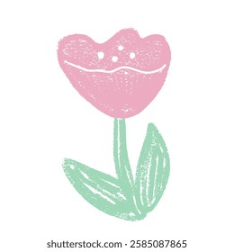 Poppy Flower crayon drawn. Spring tulip plant doodle isolated on white background. Summer floral kids element. Chalk or pastel style childish scrawl nature shape. Vector naive illustration by pencil.