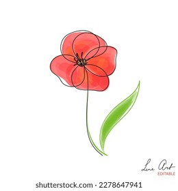 Poppy Flower in Digital Watercolour and Continuous Line Drawing. Red Poppy Simple Art. Outline Artwork with Editable Stroke. Vector Illustration.