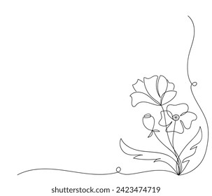 Poppy flower drawn by one line, corner element. Sketch. Continuous line drawing memory symbol. Creative vector illustration in minimalist style.