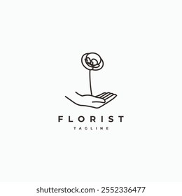 Flor de papoula com mão abstrata linha arte esboço logotipo minimalista natureza cuidado vetor ícone ilustração