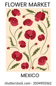 Poppy flower hand drawn illustration. Flower market poster concept template perfect for postcards, wall art, banner, background etc.