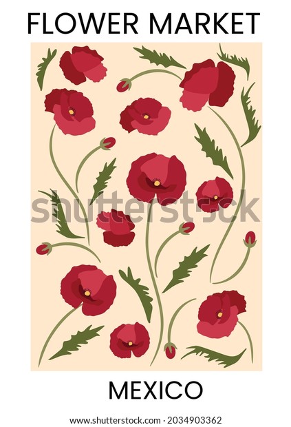 Poppy flower hand drawn illustration. Flower market\
poster concept template perfect for postcards, wall art, banner,\
background etc.