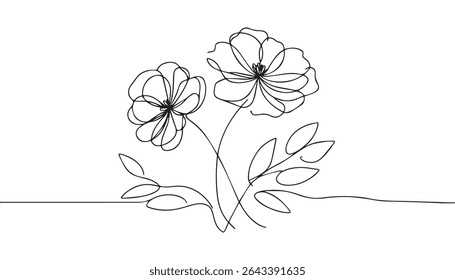 Projeto de ilustração de flor de papoula. Folhas de caule e botões de flor incluídos. Modelo floral convite casamento. Arte com linha preta sobre fundo branco