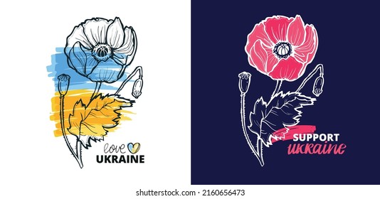 Poppy flower label .Support Ukraine label. Blue yellow ukrainian flag background.