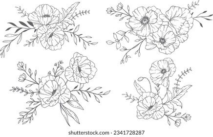 Poppy Flower Line Art, Fine Line Poppy Bouquets Hand Drawn Illustration. Coloring Page with Flowers. 