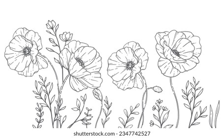 Poppy Flower Line Art, Fine Line Poppy Bouquets Hand Drawn Illustration. Coloring Page with Flowers. 