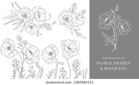 Línea de flores de amapola Arte. Marcos florales y Bouquets Line Art. Dibujo de dibujos a mano con tramas de tela fina. Dibujar A Mano Flores Silvestres De Contorno. Página de Coloración Botánica. Disquetera aislada