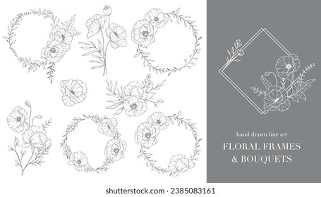 Línea de flores de amapola Arte. Marcos florales y Bouquets Line Art. Dibujo de dibujos a mano con tramas de tela fina. Dibujar A Mano Flores Silvestres De Contorno. Página de Coloración Botánica. Disquetera aislada