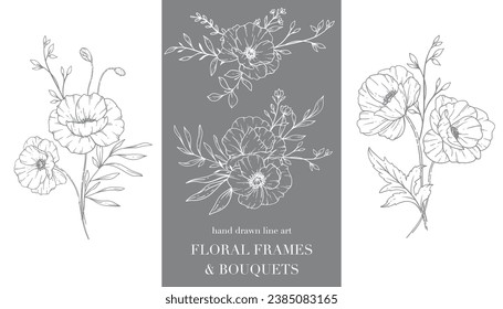 Línea de flores de amapola Arte. Marcos florales y Bouquets Line Art. Dibujo de dibujos a mano con tramas de tela fina. Dibujar A Mano Flores Silvestres De Contorno. Página de Coloración Botánica. Disquetera aislada