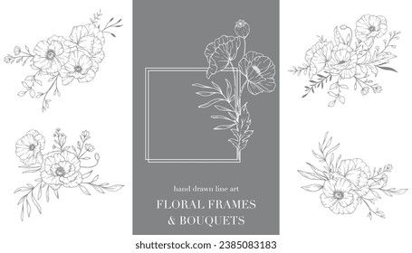 Poppy Flower Line Art. Floral Frames and Bouquets Line Art. Fine Line Poppies Frames Hand Drawn Illustration. Hand Draw Outline Wildflowers. Botanical Coloring Page. Poppy Isolated