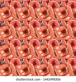 Poppy flower line art. Botanical seamless vector texture. Colorful background blossoming bloomy vector. Wildflowers handcrafted artsy poppy surface design