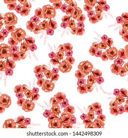 Poppy flower line art. Botanical seamless vector texture. Colorful background blossoming bloomy vector. Wildflowers handcrafted artsy poppy surface design