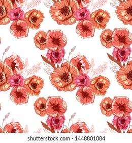 Poppy flower line art. Botanical seamless vector texture. Colorful background blossoming bloomy vector. Wildflowers handcrafted artsy poppy surface design