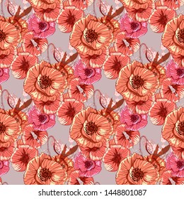 Poppy flower line art. Botanical seamless vector texture. Colorful background blossoming bloomy vector. Wildflowers handcrafted artsy poppy surface design