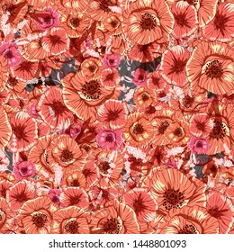 Poppy flower line art. Botanical seamless vector texture. Colorful background blossoming bloomy vector. Wildflowers handcrafted artsy poppy surface design