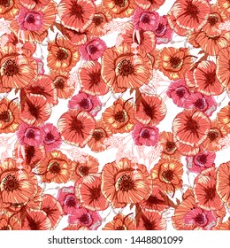 Poppy flower line art. Botanical seamless vector texture. Colorful background blossoming bloomy vector. Wildflowers handcrafted artsy poppy surface design