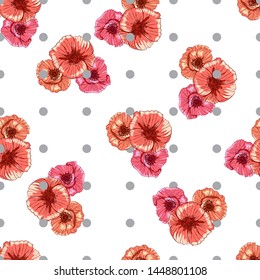 Poppy flower line art. Botanical seamless vector texture. Colorful background blossoming bloomy vector. Wildflowers handcrafted artsy poppy surface design