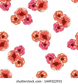 Poppy flower line art. Botanical seamless vector texture. Colorful background blossoming bloomy vector. Wildflowers handcrafted artsy poppy surface design