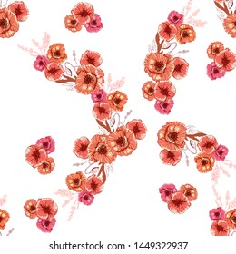 Poppy flower line art. Botanical seamless vector texture. Colorful background blossoming bloomy vector. Wildflowers handcrafted artsy poppy surface design