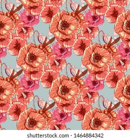 Poppy flower line art. Botanical seamless vector texture. Colorful background blossoming bloomy vector. Wildflowers handcrafted artsy poppy surface design