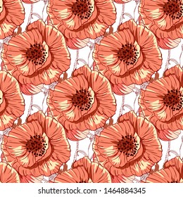 Poppy flower line art. Botanical seamless vector texture. Colorful background blossoming bloomy vector. Wildflowers handcrafted artsy poppy surface design