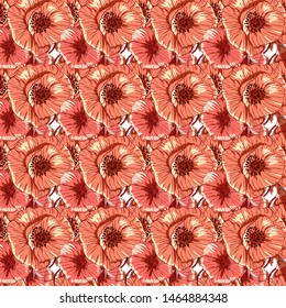 Poppy flower line art. Botanical seamless vector texture. Colorful background blossoming bloomy vector. Wildflowers handcrafted artsy poppy surface design