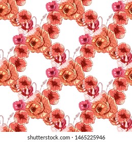 Poppy flower line art. Botanical seamless vector texture. Colorful background blossoming bloomy vector. Wildflowers handcrafted artsy poppy surface design