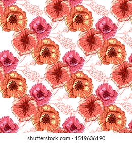 Poppy flower line art. Botanical seamless vector texture. Colorful background blossoming bloomy vector. Wildflowers handcrafted artsy poppy surface design