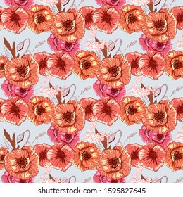 Poppy flower line art. Botanical seamless vector texture. Colorful background blossoming bloomy vector. Wildflowers handcrafted artsy poppy surface design