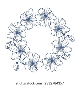 Poppy flower navy blue wreath, round frame for laser cut. Vector line art hand drawn illustration, for card or invitation, coloring page