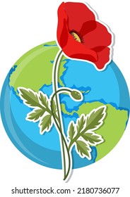 Poppy flower on globe icon isolated illustration