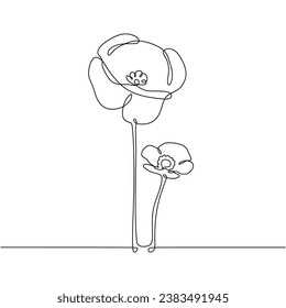 Poppy flower one continuous line drawing. Vector illustration isolated. Minimalist design handdrawn.