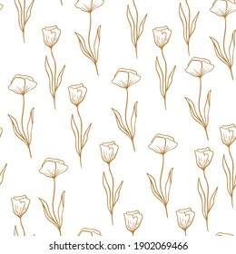 Patrón de adormidera en línea. Ornamento floral sin fisuras dibujado a mano. El doodle moderno repite el patrón con flores. Papel pintado lindo, ilustración vectorial sobre fondo rosado.