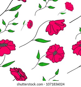 Poppy flower pattern. Summer flowers pattern. Hand drawn botanical pattern. Poppies flowers with green leaves.