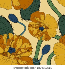 Poppy flower. Plant poppy garden and meadow flower. Seamless vector pattern with flowers. Hand drawing.