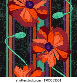 Poppy flower. Plant poppy garden and meadow flower. Seamless vector pattern with flowers, lines and geometry. Hand drawing.