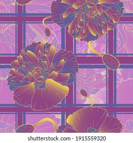 Poppy flower. Plant poppy garden and meadow flower. Seamless vector pattern with flowers, lines and geometry. Hand drawing.