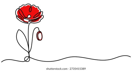Flor de amapola con un centro rojo. Dibujo de línea sólida. Ilustración vectorial.