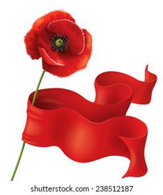 Poppy Flower With Red Ribbon On White. Remembrance Day Background.