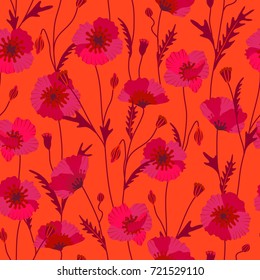 Poppy flower seamless pattern in purple colors on orange background. Vector