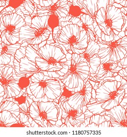 Poppy flower seamless pattern. Red and white papavers composition. Anemones background. Covers, textile and greeting cards floral design. Hand drawn poppy flowers illustrations. Color vector