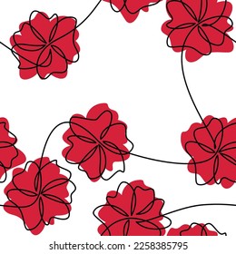 Poppy flower seamless pattern vector. Abstract contour floral background. Line continuous illustration. Botanical outline backdrop. Wallpaper, fabric, textile, print, wrapping paper, package design.