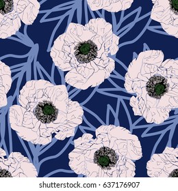 Poppy flower seamless vector pattern. White big poppies 