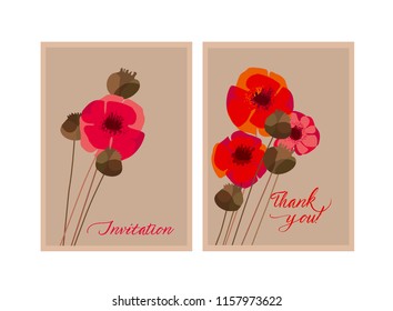 Poppy flower and seed box design element for header, card, invitation, poster, cover. Decorative wild meadow boho style floral stock vector illustration
