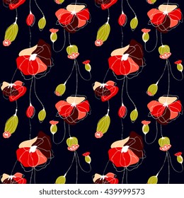 Poppy flower summer vector seamless pattern, black background